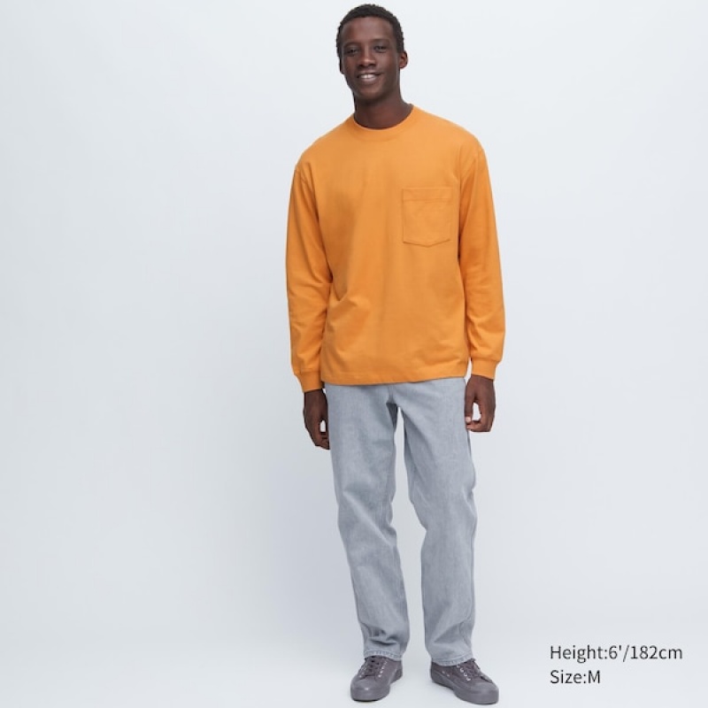 Uniqlo Washed Cotton Crew Neck Long-Sleeve Muške Dukserice Narančaste | 5917-QXRFN