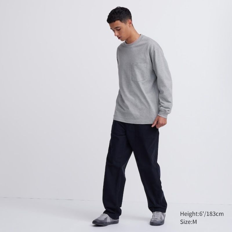 Uniqlo Washed Cotton Crew Neck Long-Sleeve Muške Majice Sive | 7846-ZORFC