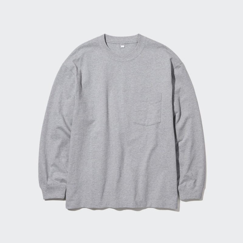 Uniqlo Washed Cotton Crew Neck Long-Sleeve Muške Majice Sive | 7846-ZORFC