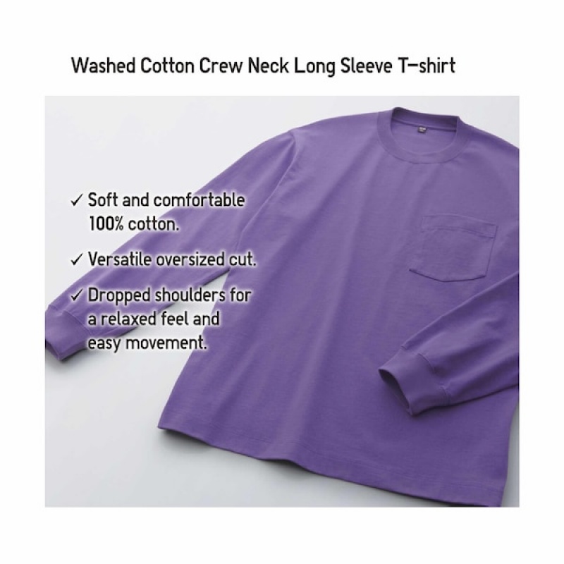 Uniqlo Washed Cotton Crew Neck Long-Sleeve Muške Majice Sive | 3089-ILNOH