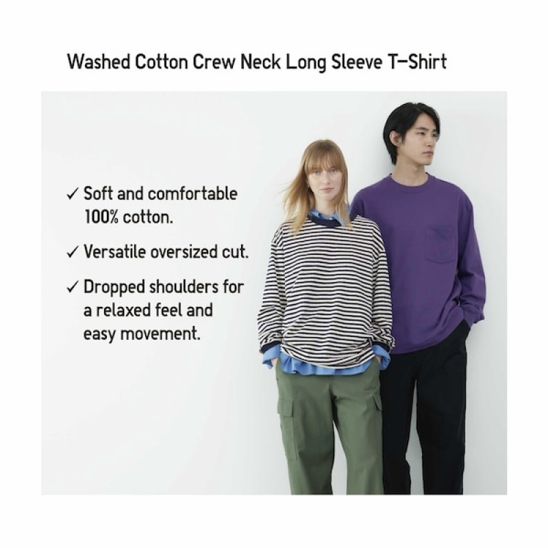 Uniqlo Washed Cotton Crew Neck Long-Sleeve Muške Majice Sive | 3089-ILNOH