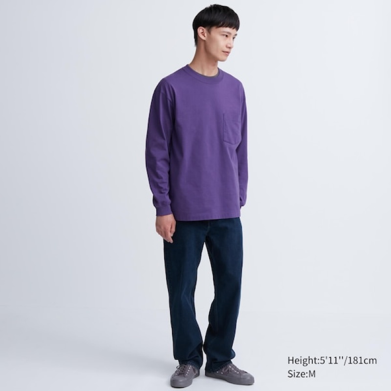 Uniqlo Washed Cotton Crew Neck Long-Sleeve Muške Majice Sive | 3089-ILNOH