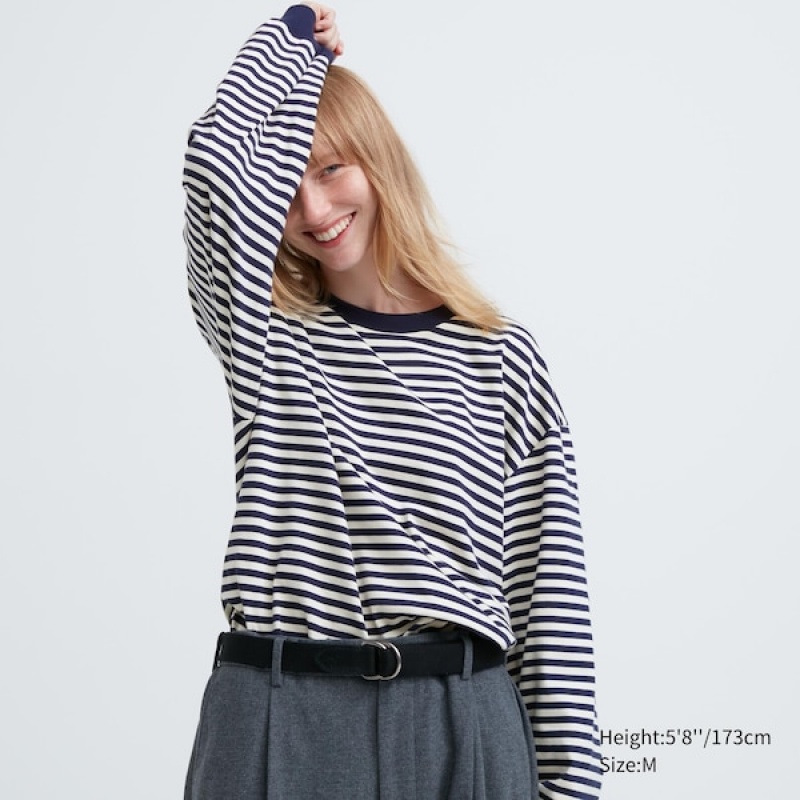 Uniqlo Washed Cotton Oversized Crew Neck Long-Sleeve Ženske Majice Plave | 7853-FPULM