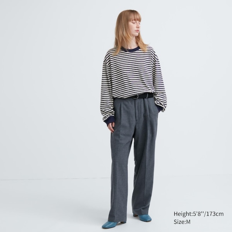 Uniqlo Washed Cotton Oversized Crew Neck Long-Sleeve Ženske Majice Plave | 7853-FPULM