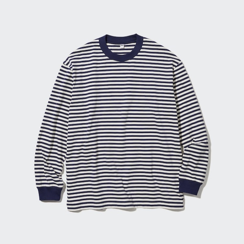 Uniqlo Washed Cotton Oversized Crew Neck Long-Sleeve Muške Majice Plave | 9157-TIHYX