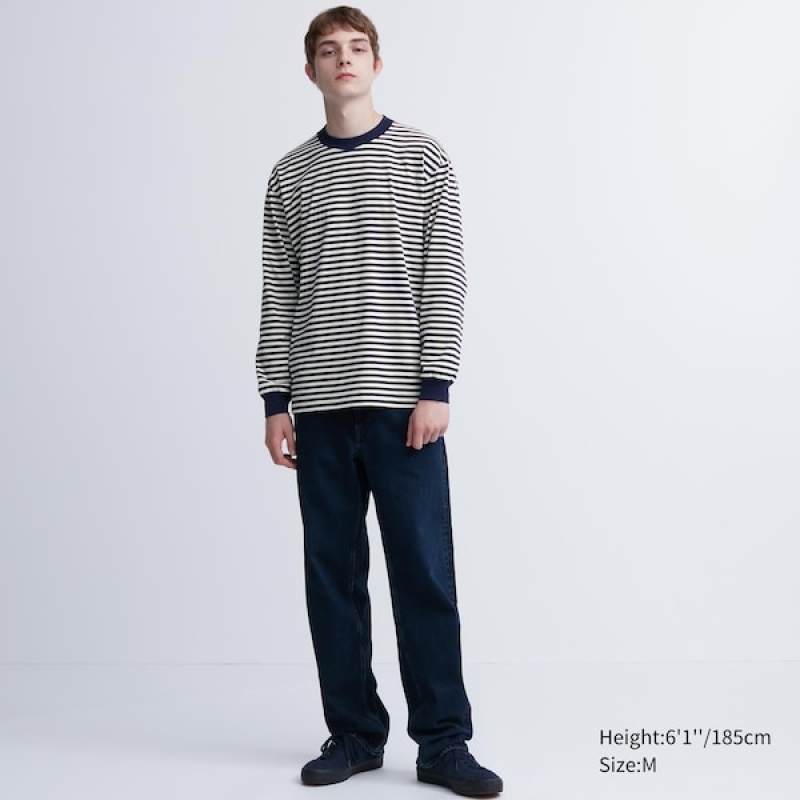 Uniqlo Washed Cotton Oversized Crew Neck Long-Sleeve Muške Majice Plave | 9157-TIHYX