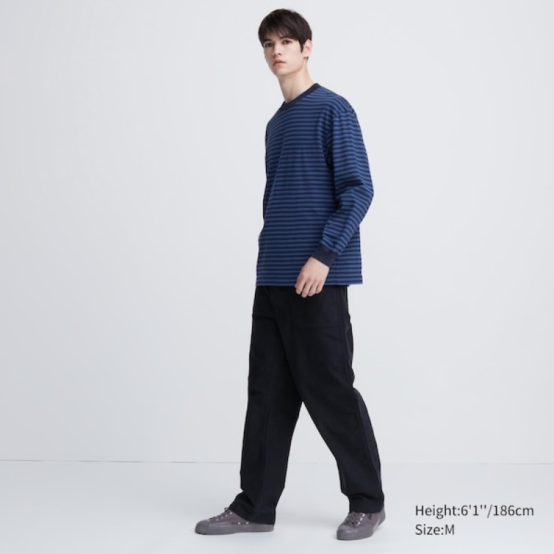 Uniqlo Washed Cotton Oversized Crew Neck Long-Sleeve Muške Majice Plave | 7321-VECDY