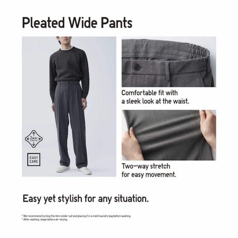 Uniqlo Wide-Fit Plisirana Muške Hlače Crne | 2513-MLRYJ