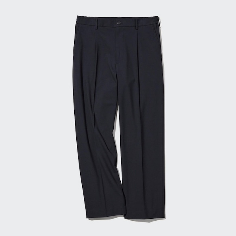 Uniqlo Wide-Fit Plisirana Muške Hlače Crne | 2513-MLRYJ