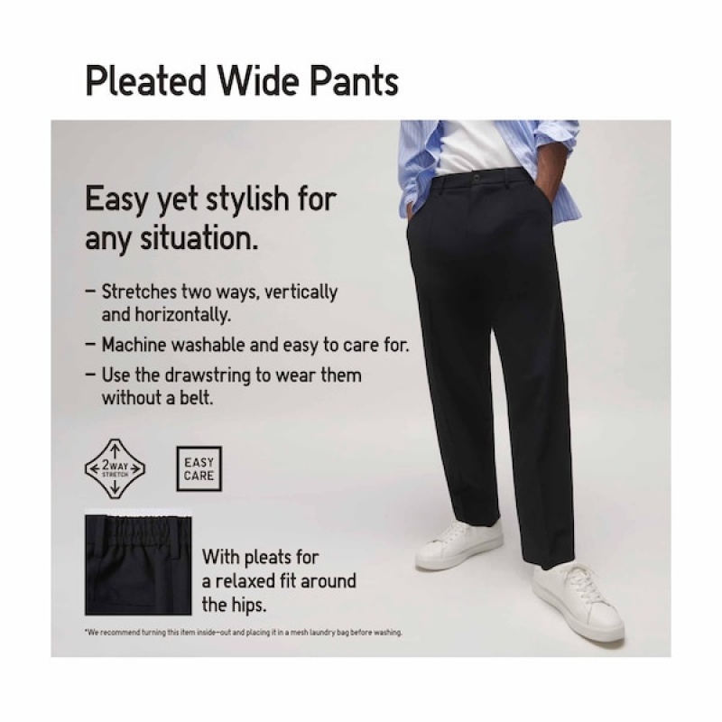 Uniqlo Wide-Fit Plisirana Muške Hlače Tamnoplave | 6240-SHDCZ