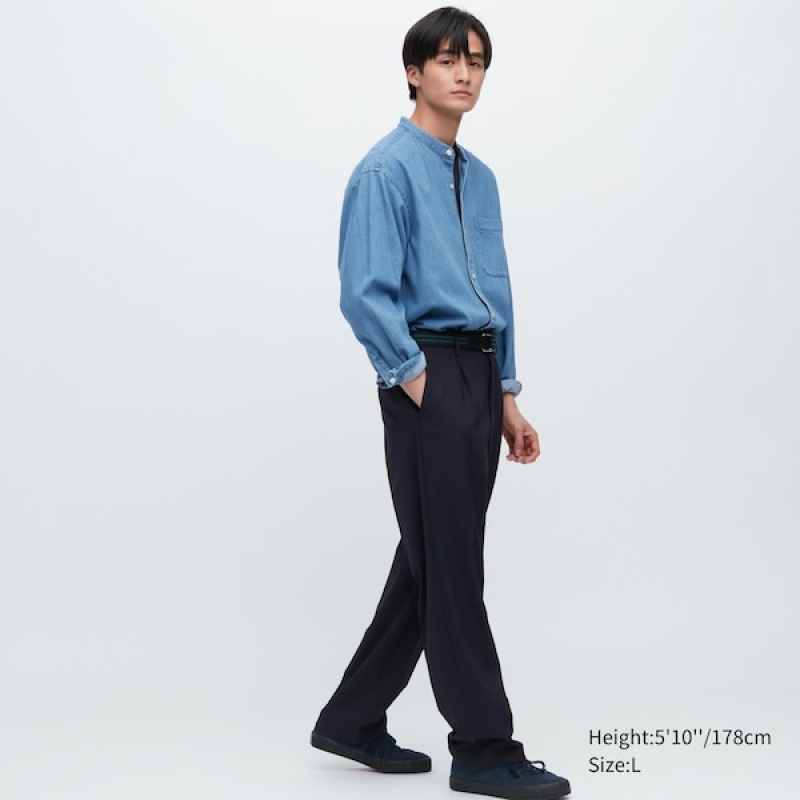 Uniqlo Wide-Fit Plisirana Muške Hlače Tamnoplave | 6240-SHDCZ