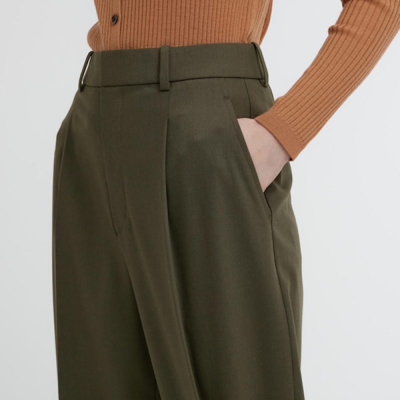 Uniqlo Wide-Fit Plisirana Ženske Hlače Maslinasto Zelene | 8092-MKIHV