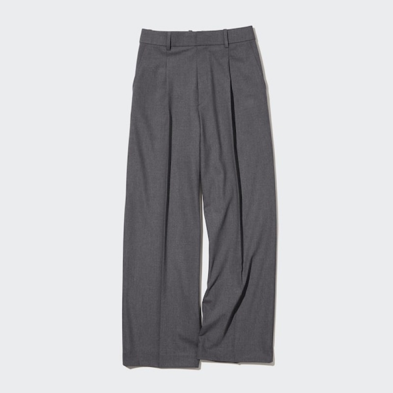 Uniqlo Wide-Fit Plisirana Ženske Hlače Tamno Sive | 8623-UGHVA