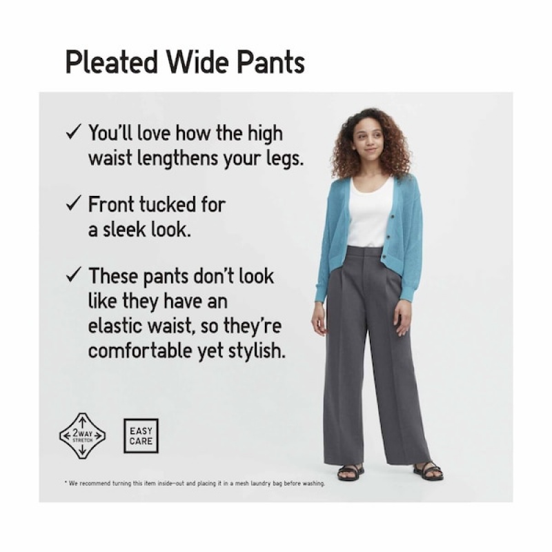 Uniqlo Wide-Fit Plisirana Ženske Hlače Tamno Sive | 8623-UGHVA