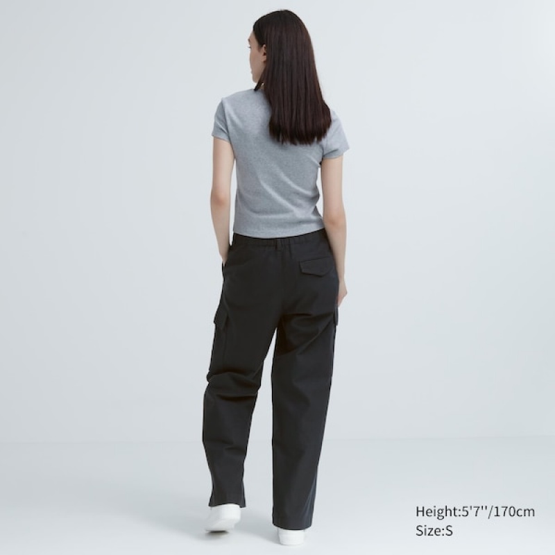 Uniqlo Wide Ravno Cargo Ženske Hlače Crne | 9256-COMYH