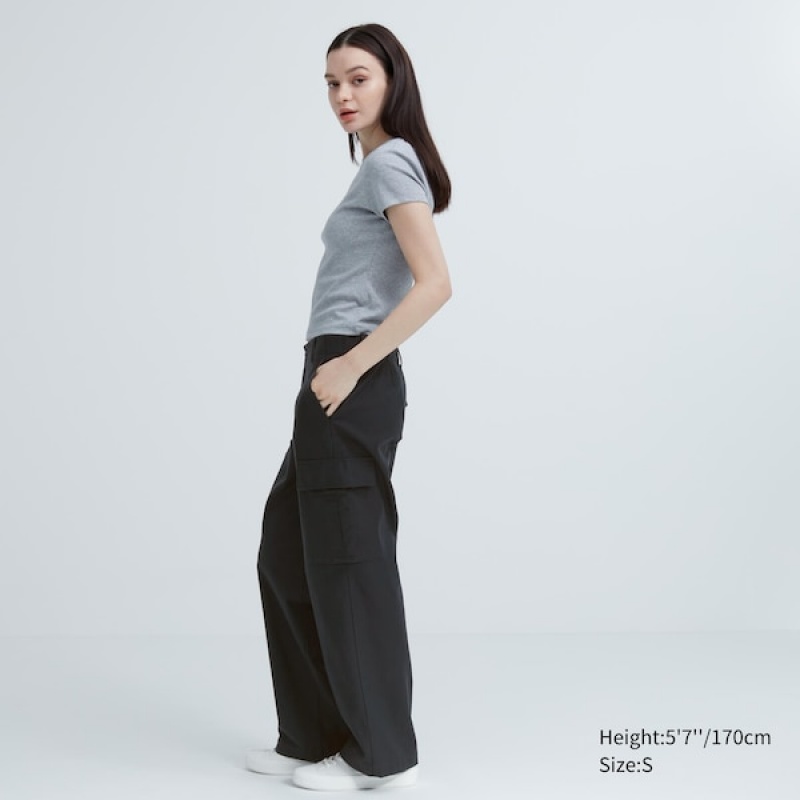 Uniqlo Wide Ravno Cargo Ženske Hlače Crne | 9256-COMYH